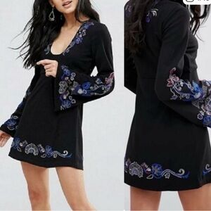 Free People Black Mini Dress with Blue and Purple Embroidery